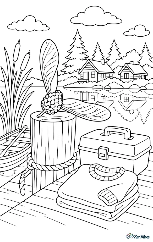 A maple walnut cone rests on a dock post near a tackle box and folded sweater, while reeds, a rowboat, and distant cabins reflect in the calm lake.