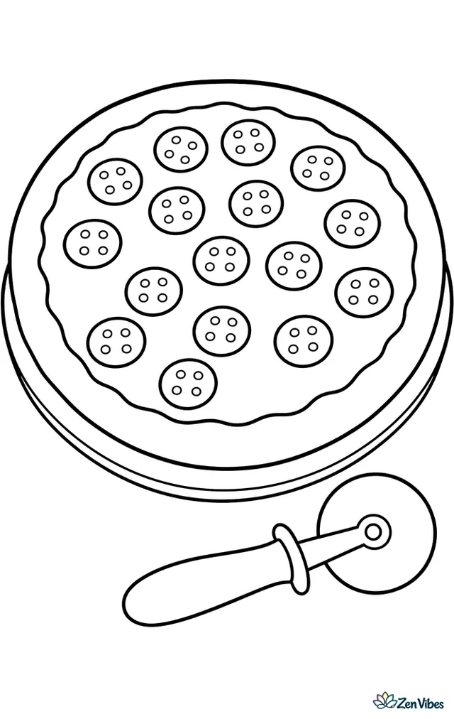 A whole pepperoni pizza sits on a round pan atop a plain table, with evenly spaced pepperoni slices, a thick crust, and a pizza cutter lying beside it.