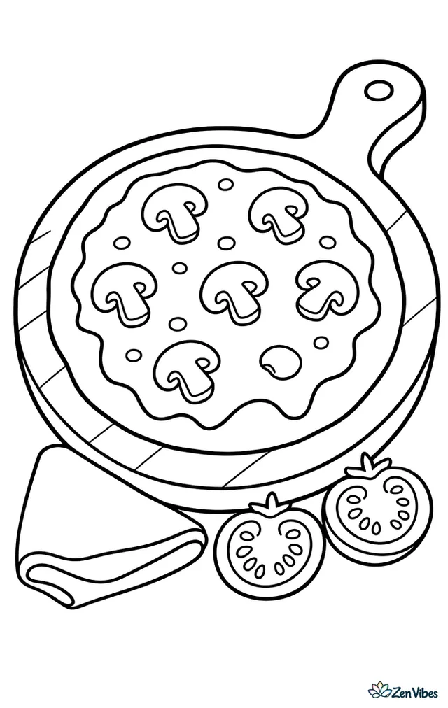 A small mushroom pizza on a wooden board shows button mushroom slices and melted cheese, with a folded napkin and two tomato halves placed nearby.