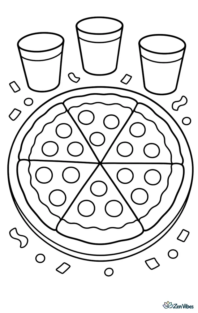 A classic cheese pizza is cut into six slices on a tray, with three paper cups and scattered confetti around it for a simple birthday table scene.