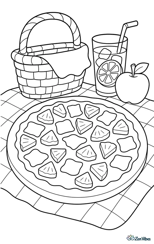 A Hawaiian pizza with pineapple chunks and ham pieces sits on a picnic blanket outdoors, with a wicker basket, apple, and glass of lemonade nearby.