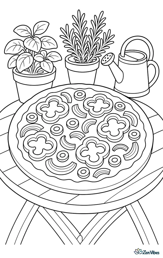A vegetable pizza topped with bell pepper rings, black olives, and red onion sits on a patio table, surrounded by potted herbs and a watering can.