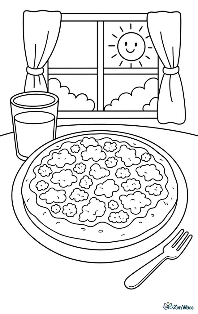 A breakfast pizza with sausage crumbles and scrambled egg pieces rests on a plate, with a juice glass, fork, and sunny kitchen window behind it.