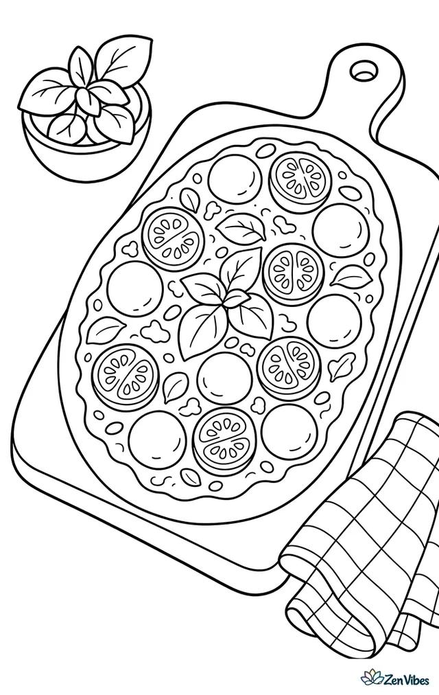 A pesto flatbread pizza with cherry tomato halves and mozzarella pearls lies on a cutting board, with a small herb bowl and checked towel nearby.