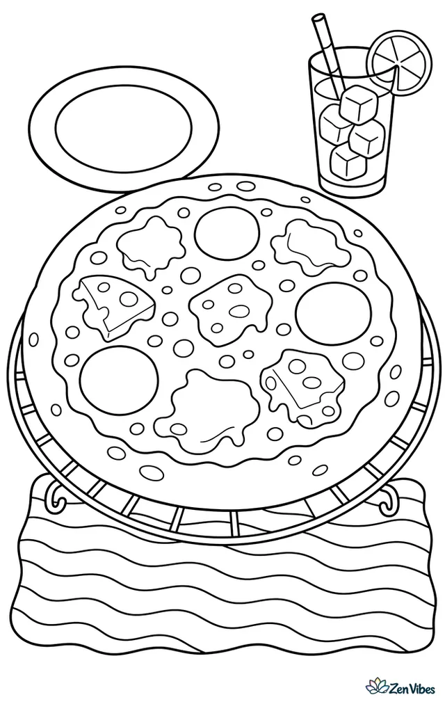 A four-cheese pizza with bubbly toppings cools on a wire rack, with a lunch plate, iced tea glass, and striped placemat arranged around it.