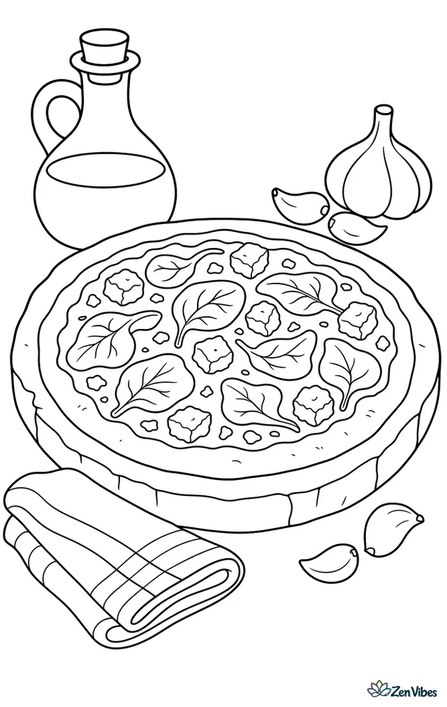 A spinach and feta pizza rests on a stone serving slab, surrounded by olive oil, garlic cloves, and a folded kitchen towel in a cozy counter scene.