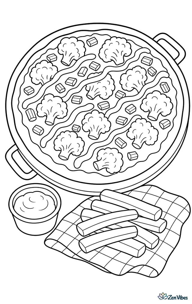 A buffalo cauliflower pizza with celery bits and cheese drizzle sits on a tray, with carrot sticks, a small dip cup, and a checked cloth beside it.