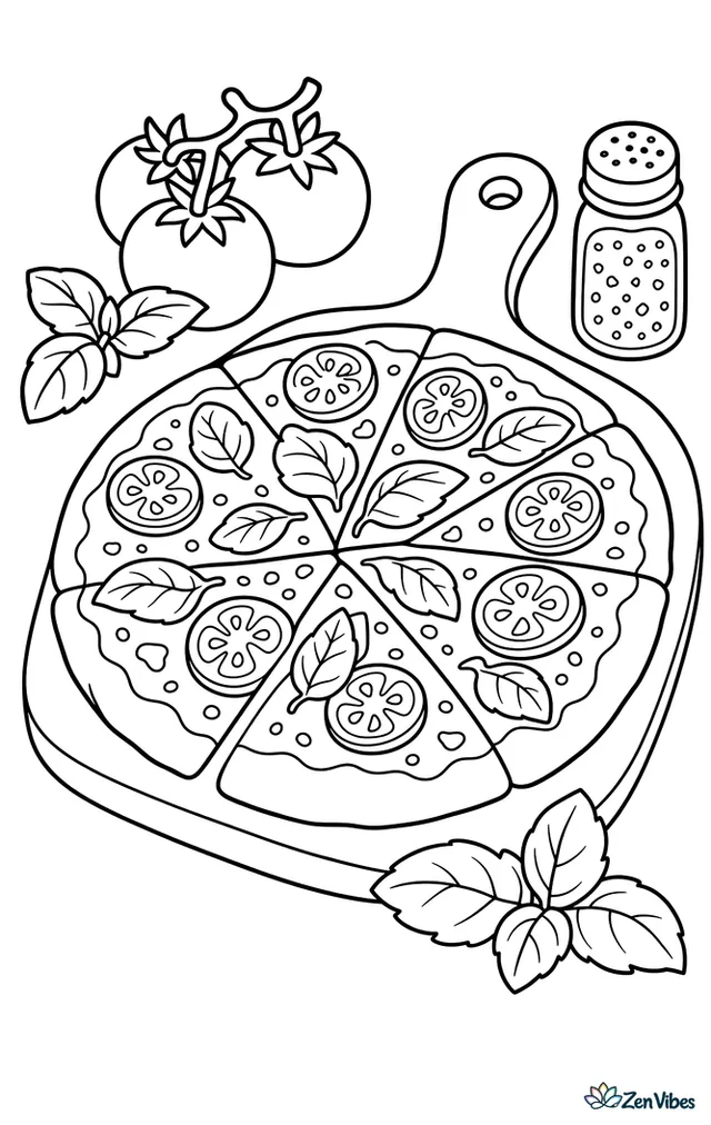 A tomato basil flatbread pizza is sliced on a paddle board, with vine tomatoes, basil leaves, and a shaker of seasoning on the counter nearby.
