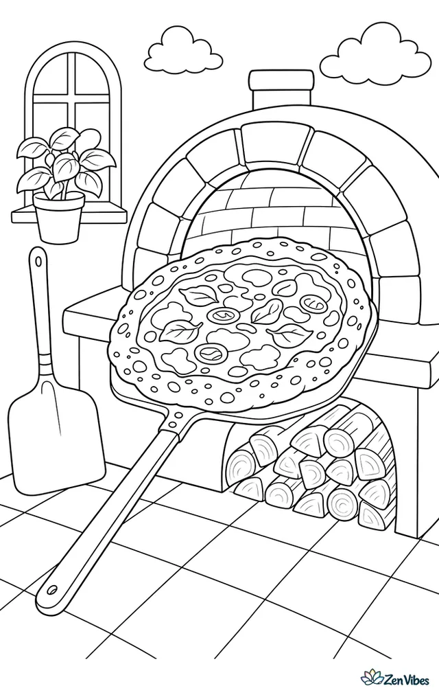 A Neapolitan pizza with blistered crust slides toward a brick oven opening, while a long peel, stacked firewood, and a tiled floor create a cozy pizzeria scene.