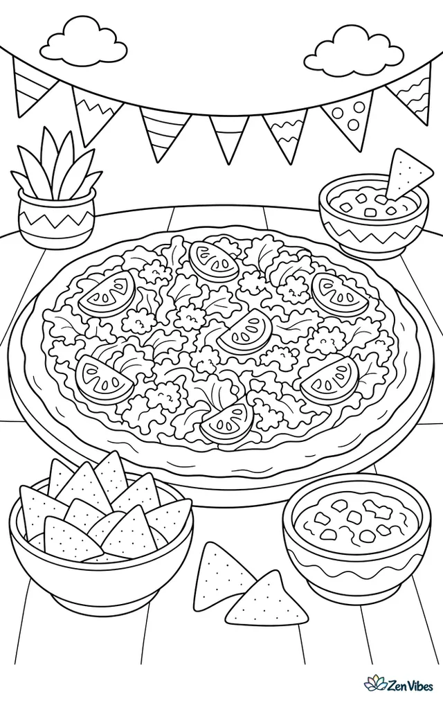 A taco pizza topped with lettuce, tomato, and ground beef sits on a party table, surrounded by salsa bowls, tortilla chips, and festive string pennants.