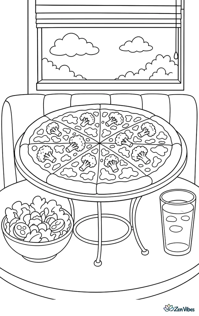 A broccoli cheddar pizza on a metal stand overlooks a diner booth table, with a small salad bowl, water glass, and window blinds behind it.