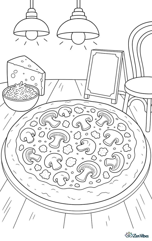 A truffle mushroom pizza with shiitake and cremini slices sits beneath hanging café lights, with grated cheese, a menu board, and bistro chair legs nearby.