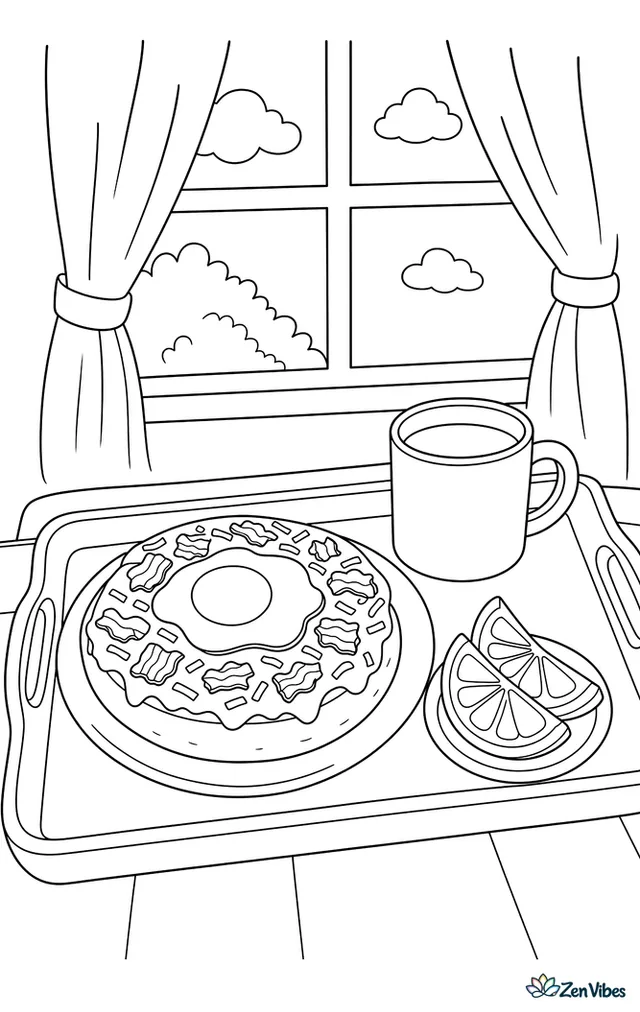 A bagel pizza topped with egg, bacon bits, and cheddar rests on a breakfast tray, with orange slices, a mug, and a curtained window in view.