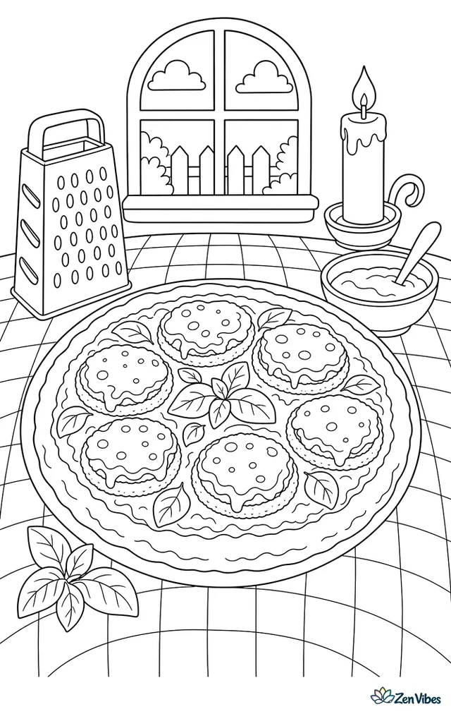 An eggplant Parmesan pizza with breaded eggplant rounds and basil sits on a checkered tablecloth, with a cheese grater, sauce bowl, and candle nearby.