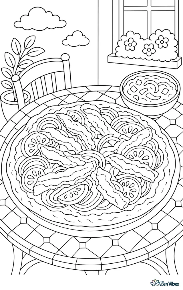 A gyro-inspired pizza topped with lamb strips, tomato, and onion sits on a café table, with a cucumber yogurt dip bowl and patterned tiles around it.