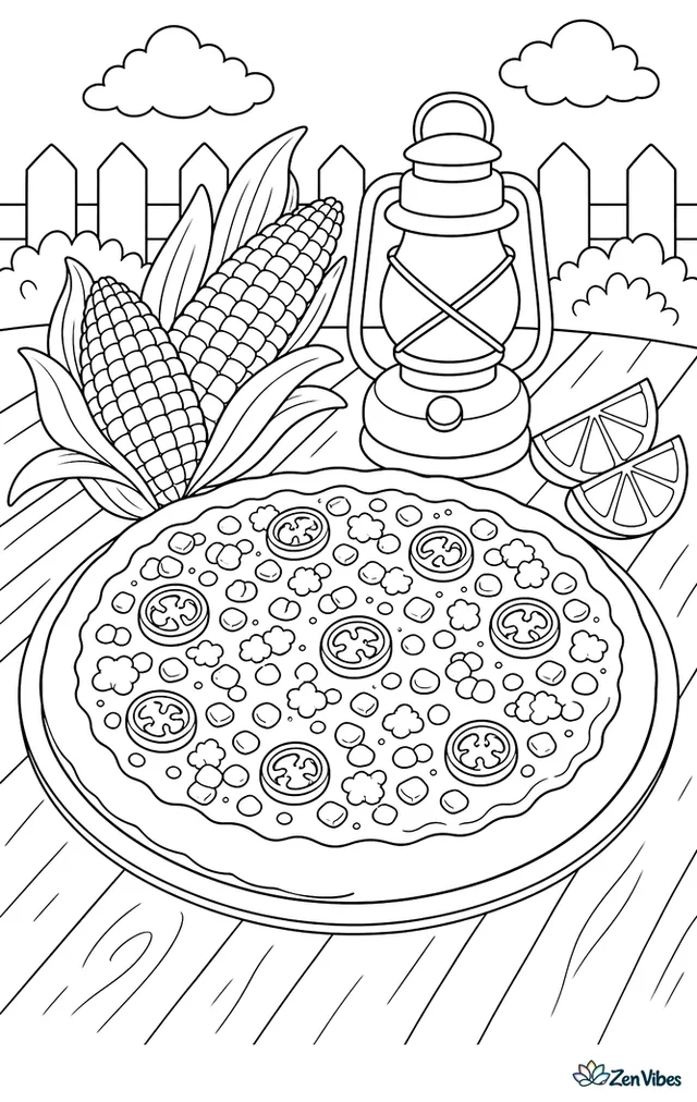 A roasted corn pizza with jalapeño rings and cotija crumbles rests on a wooden picnic table, with corn husks, lime wedges, and a summer lantern nearby.