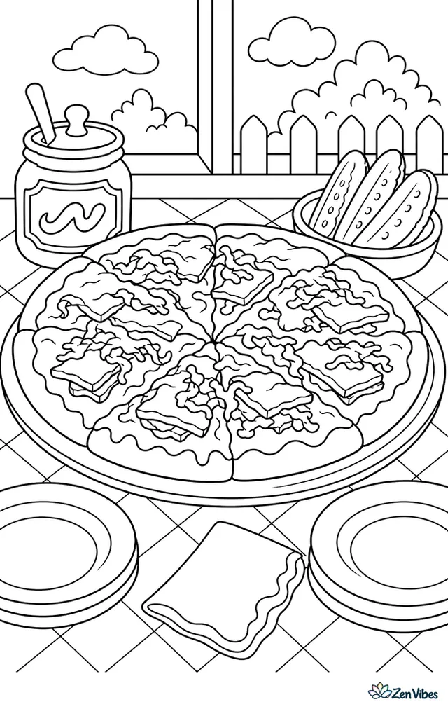 A Reuben pizza with corned beef, sauerkraut, and cheese is served on a platter, with pickle spears, mustard jar, and diner-style plates surrounding it.