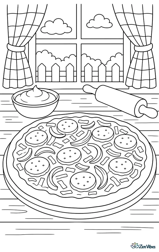 A pizza topped with potato rounds, onion, and cheddar sits on a farmhouse table, with a sour cream bowl, rolling pin, and checked curtains nearby.