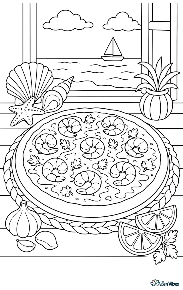 A shrimp scampi pizza with garlic butter drizzle and parsley is plated beside a seaside window, with seashell decor, lemon slices, and a woven placemat.