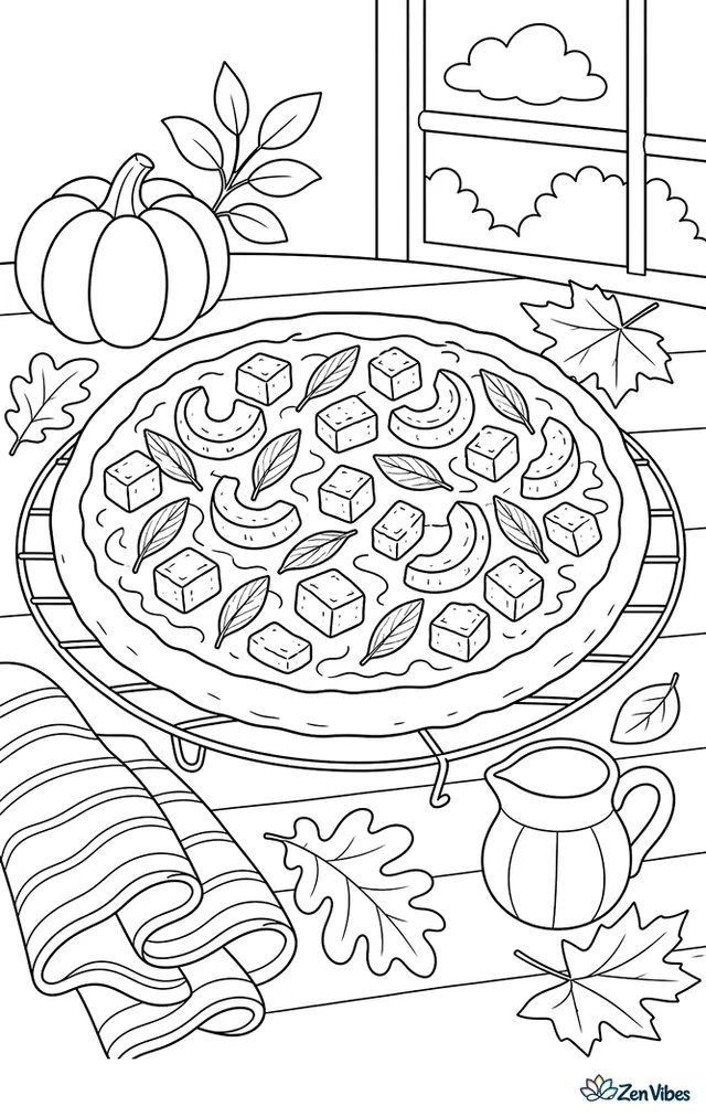 A pumpkin sage pizza with roasted squash cubes cools on a rack, surrounded by autumn leaves, a striped towel, and a small pitcher on the table.