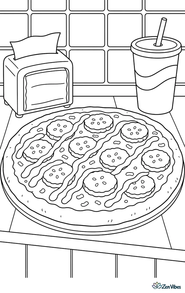 A pickle ranch pizza with dill pickle rounds and ranch drizzle sits on a lunch counter, with a napkin holder, soda cup, and tiled wall behind it.