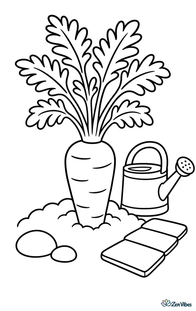 A Nantes carrot grows in a tidy garden row, with feathery leaves above the soil, two smooth stones nearby, and a watering can resting beside a short wooden path.