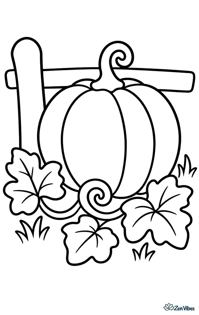 A sugar pie pumpkin sits on a curling vine in a small patch, surrounded by three broad leaves, a fence rail, and a few blades of grass.