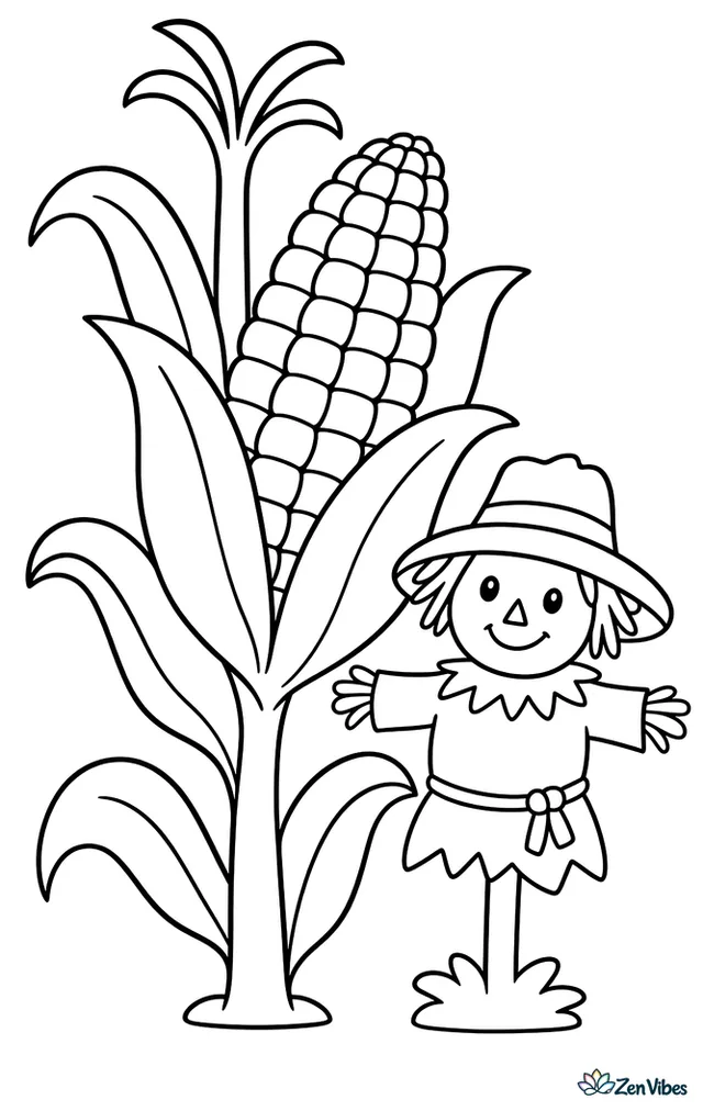 An ear of sweet corn grows on a tall stalk in a sunny field, with husks partly open, a simple scarecrow nearby, and rolling hills in the distance.