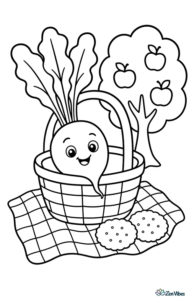 A cherry belle radish lies in a picnic basket on a checkered cloth, with leafy tops showing, two round crackers beside it, and a small apple tree behind.