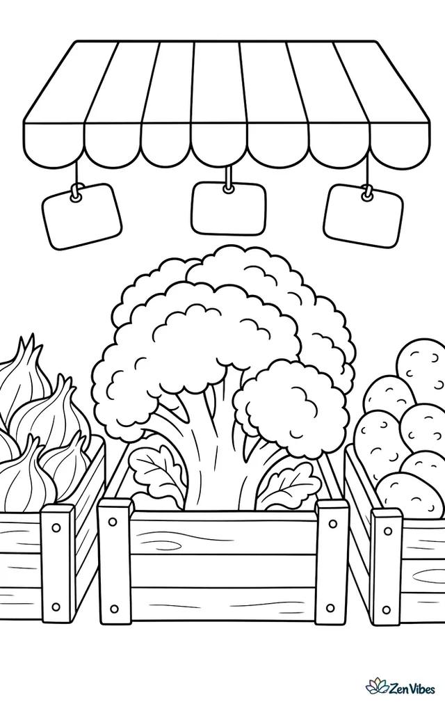 A broccoli crown sits in a wooden market crate, with price tags hanging above, a striped awning overhead, and neighboring crates of onions and potatoes partly visible.