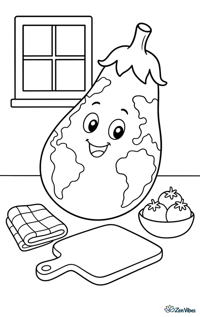A globe eggplant rests on a kitchen counter beside a cutting board, with a window, a folded dish towel, and a small bowl of tomatoes nearby.