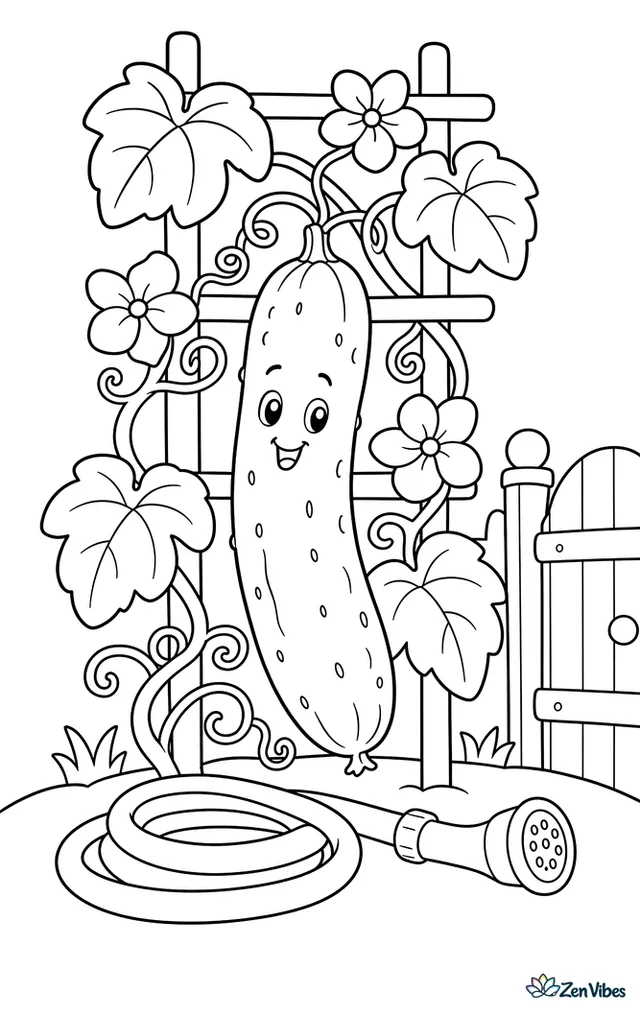An English cucumber hangs from a garden trellis, with twisting tendrils, several blossoms, a watering hose below, and a wooden gate at the edge of the plot.