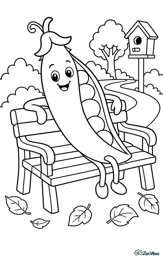 A sugar snap pea pod rests on a park bench, partly opened to show peas inside, with fallen leaves, a birdhouse on a pole, and a winding path behind.