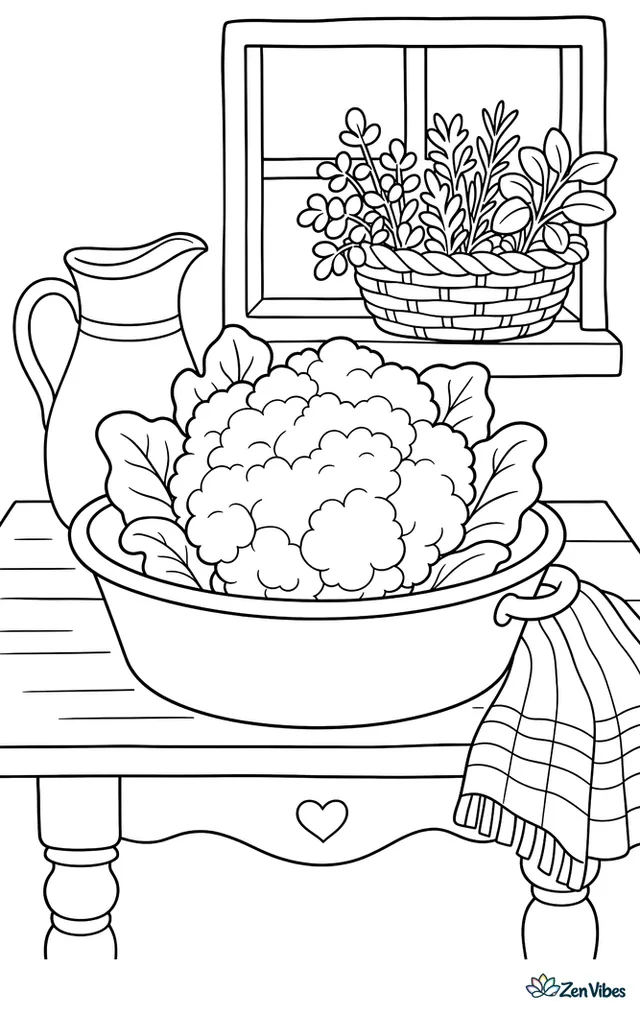 A cauliflower head sits in a wash basin on a farmhouse table, with a pitcher of water, a striped towel, and a basket of herbs on the windowsill.