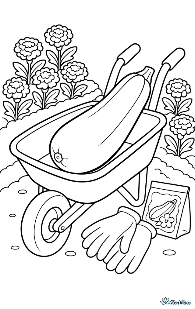 A black beauty zucchini lies in a wheelbarrow after harvest, with gardening gloves, a seed packet, and rows of marigolds lining the nearby vegetable beds.