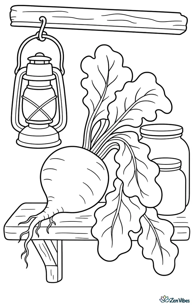 A Detroit dark red beetroot rests on a root cellar shelf, with its leafy tops draping down, jars in the background, and a lantern hanging from a beam.
