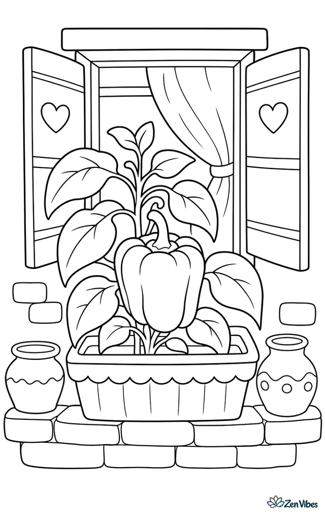 A red bell pepper grows in a window box outside a cottage, with glossy leaves, a fluttering curtain inside, and two clay pots on the brick ledge.
