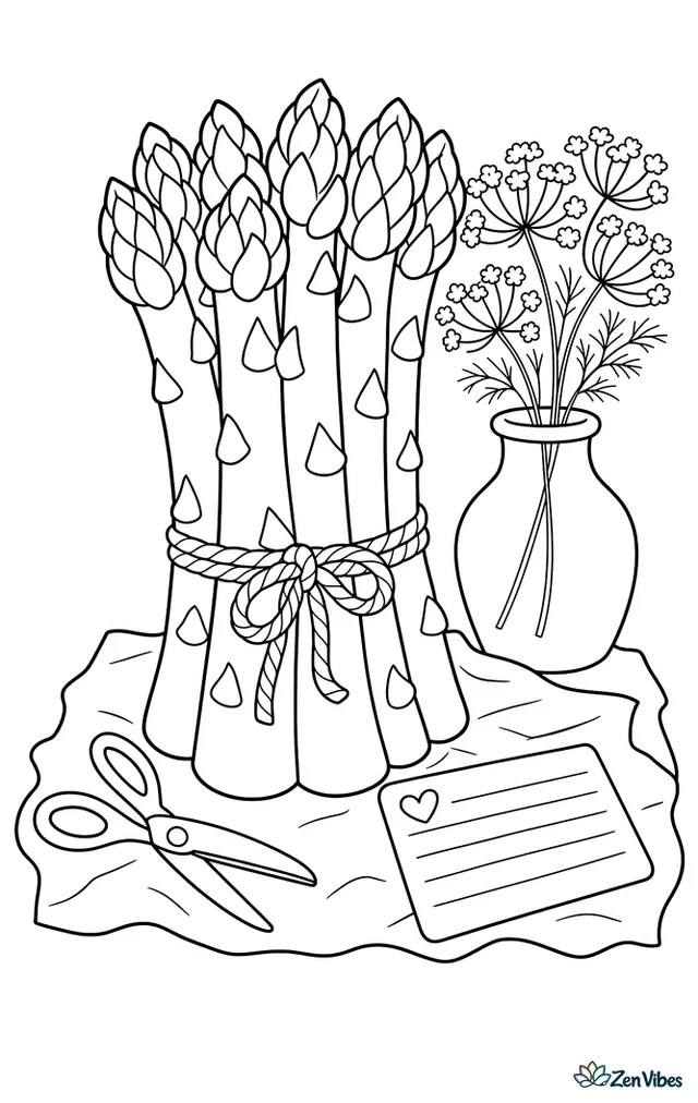 A bundle of Jersey Giant asparagus is tied with twine on a butcher paper sheet, with scissors, a recipe card, and a vase of dill flowers nearby.