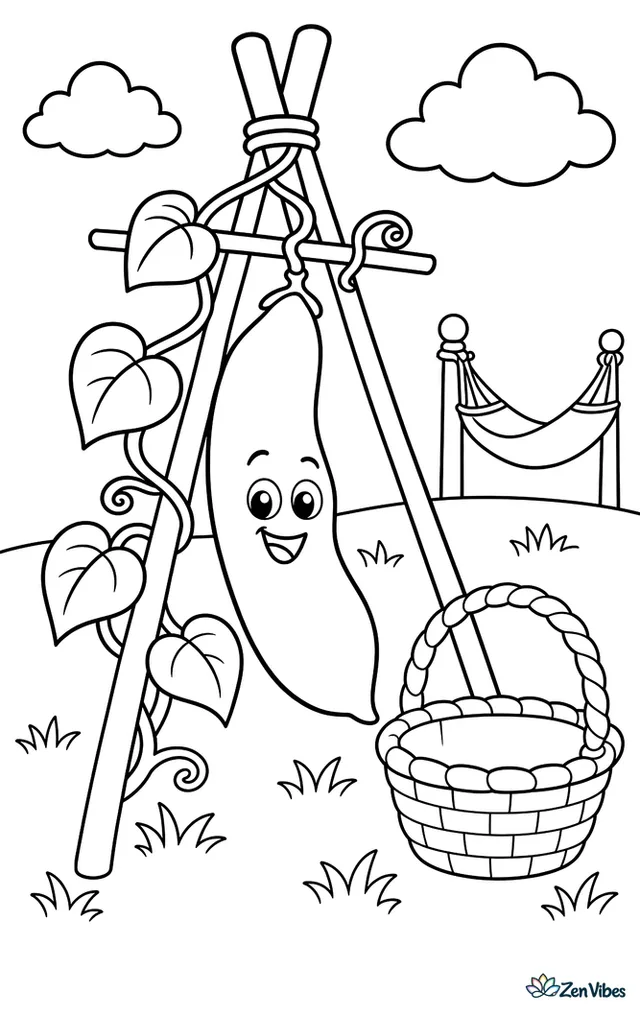 A blue lake green bean hangs from a backyard teepee trellis, with a hammock in the distance, puffy clouds above, and a basket waiting in the grass.