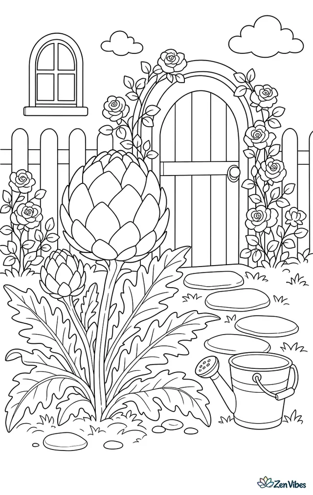 A green globe artichoke grows beside an arched garden gate, with large jagged leaves, stepping stones, climbing roses on the fence, and a watering bucket nearby.