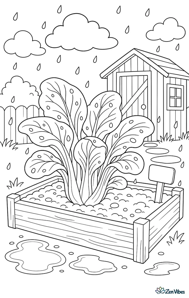 A bok choy plant stands in a raised bed during a light rain, with raindrops on broad leaves, a row marker, puddles below, and a shed in back.