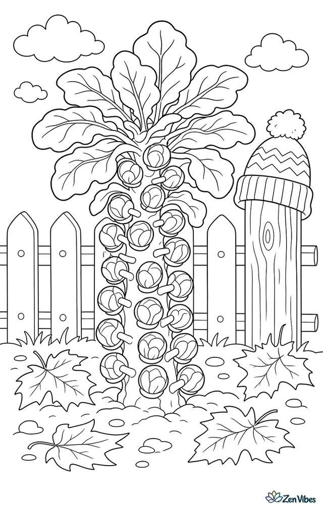 A Brussels sprout stalk rises in a cool-weather garden, packed with round sprouts, with fallen maple leaves, a knit hat on a fence post, and clouds overhead.
