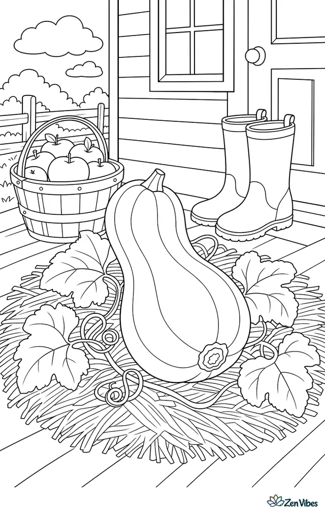 A butternut squash rests on a farmhouse porch after harvest, with coiled vines, a straw mat, rain boots by the door, and a basket of apples nearby.