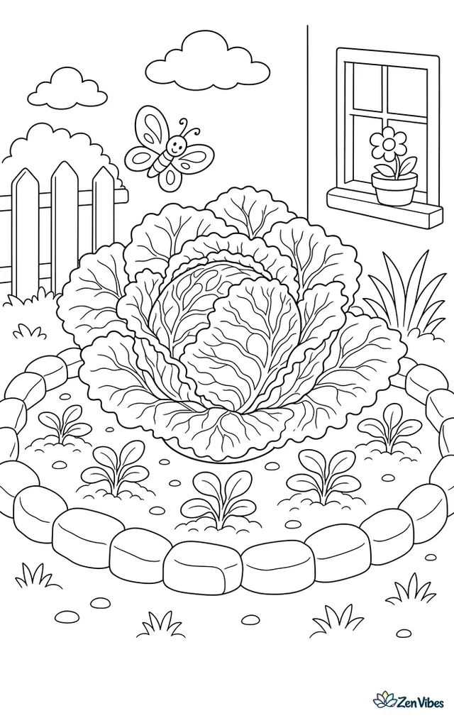 A savoy cabbage grows in a garden bed while a small butterfly hovers nearby, with ruffled leaves, a low stone border, and neatly spaced seedlings around it.