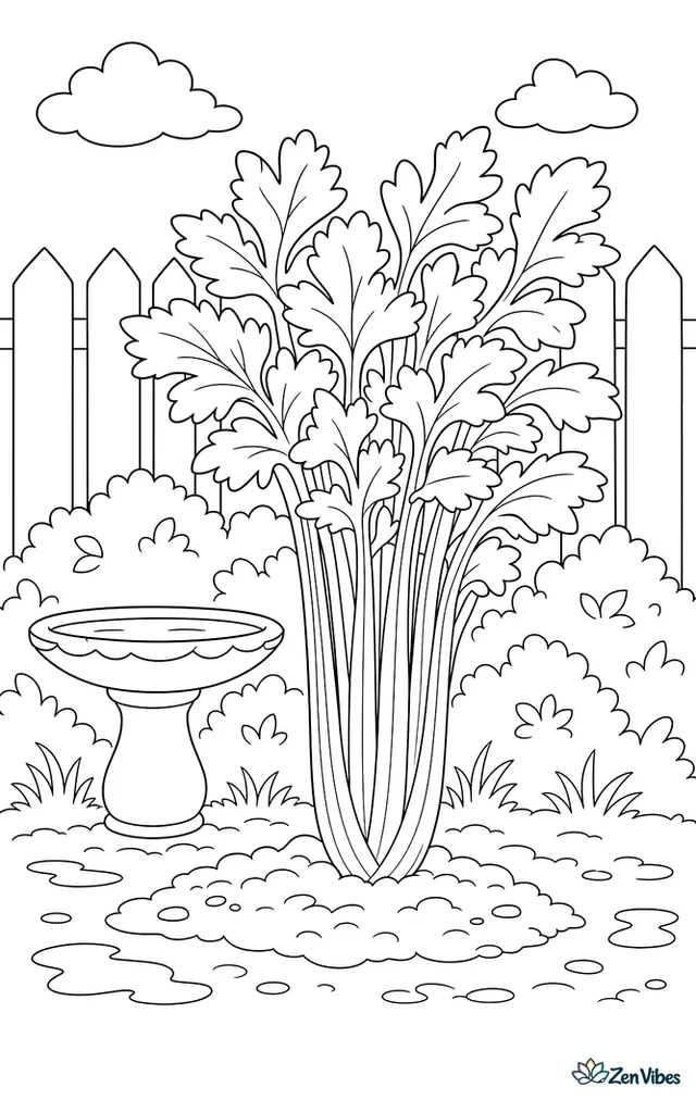 A Pascal celery clump grows in a moist garden patch, with tall stalks, a birdbath nearby, damp soil below, and a line of shrubs along the back fence.
