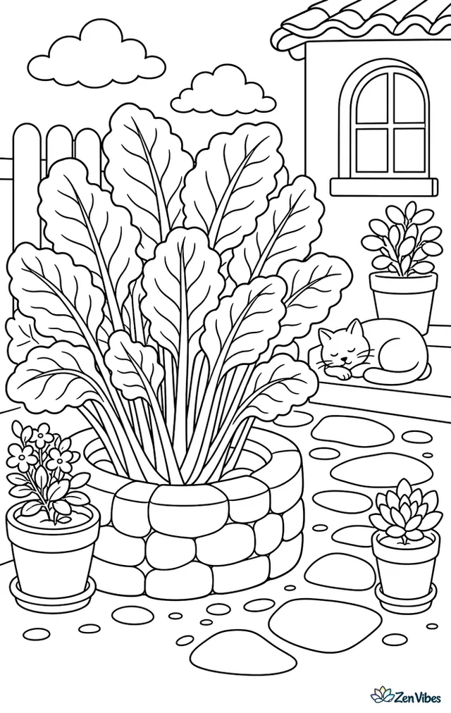 A rainbow chard plant fills a stone planter, with colorful stems, a winding courtyard path, terracotta pots around it, and a cat sleeping on a sunny step.