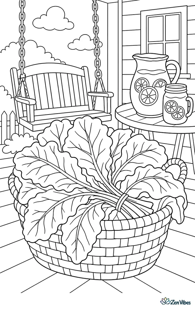 A bunch of collard greens sits in a woven harvest basket, with broad leaves spilling over the edge, a porch swing behind, and jars of lemonade on a table.