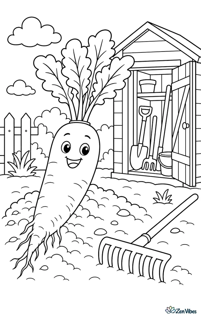 A daikon radish is freshly pulled from loose soil, with its long white root exposed, a garden rake nearby, and an open shed filled with tools behind.