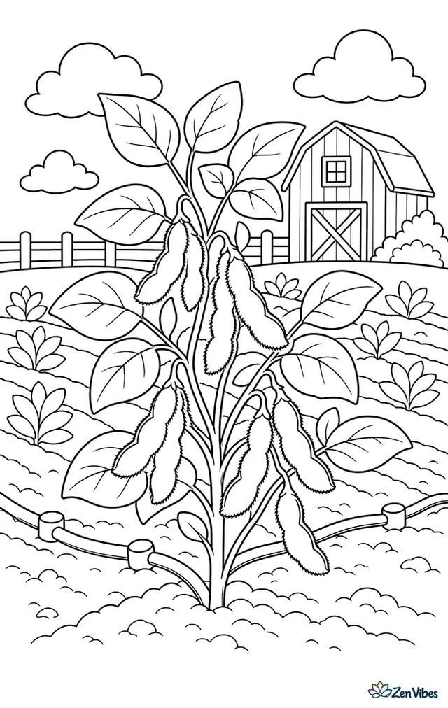 An edamame soybean plant stands in a field row, with fuzzy pods hanging from stems, irrigation lines at the base, and a red barn beyond the field.