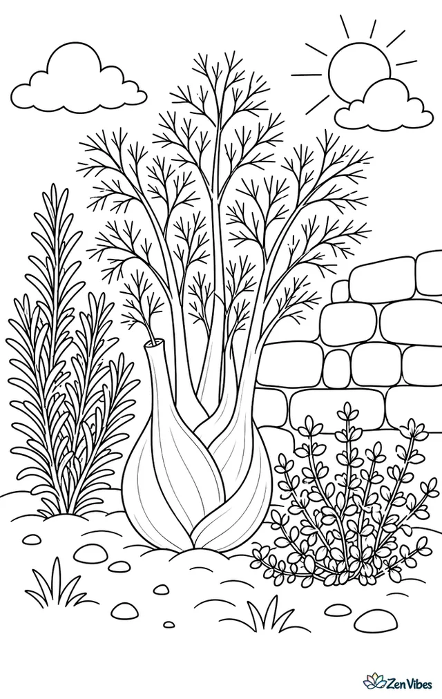 A Florence fennel bulb grows in an herb garden corner, with feathery fronds above, rosemary and thyme nearby, and a stone wall warmed by sunshine.